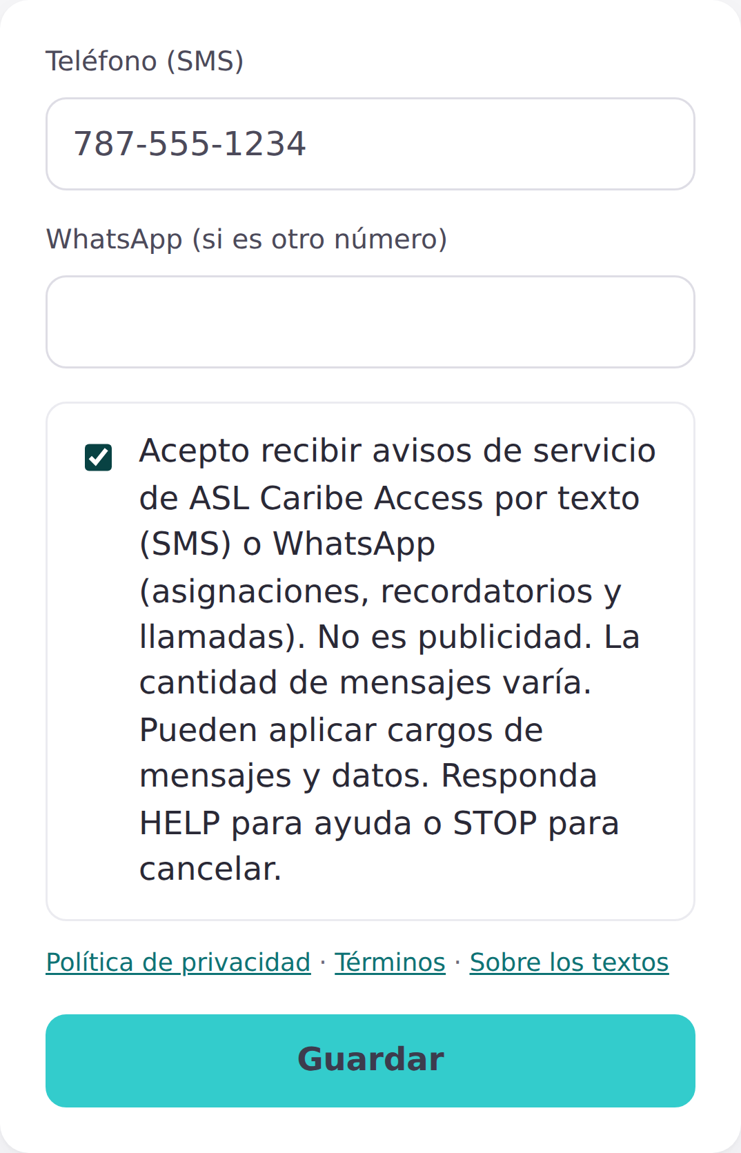 My account page with phone fields and the SMS consent checkbox